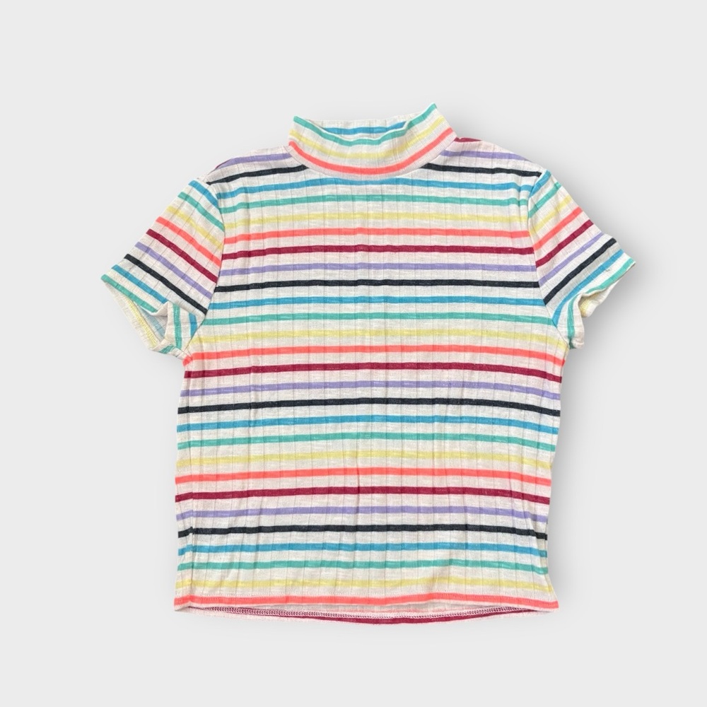 Forever 21 Neon Rainbow Striped Mock Neck Ribbed Short Sleeve Crop Top - Kidcore